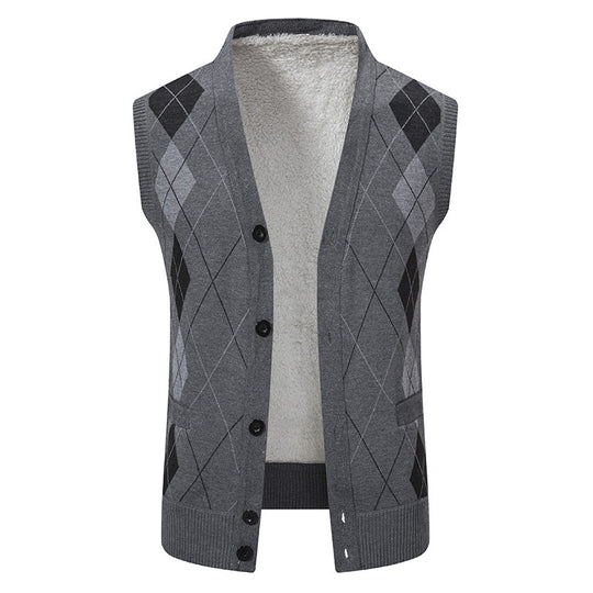 Herren nan ärmellose Strickweste mit Argyle-Muster, Teddyfutter und durchgehender Knopfleiste EB