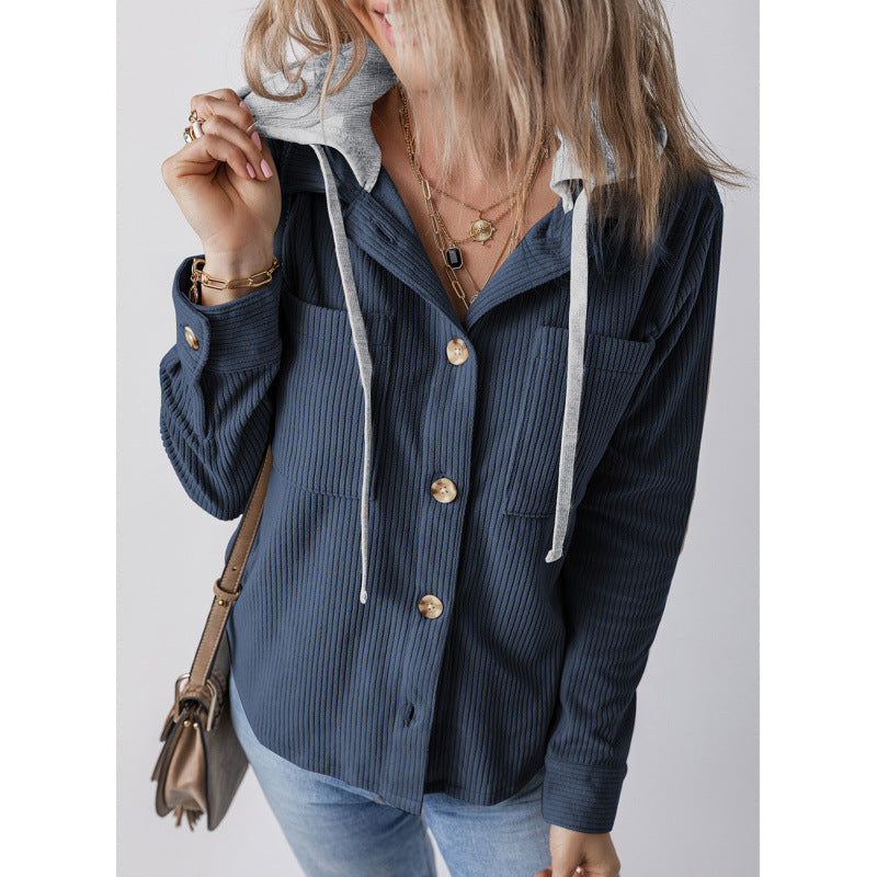Damen lässige Hemdjacket mit Kapuze und seitlichen Taschen EB