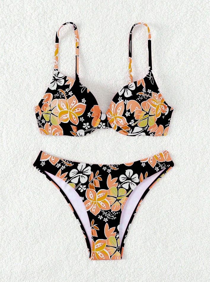 Damen gepolsterter Triangel-Bikini mit floralem Design und verstellbaren Trägern EB