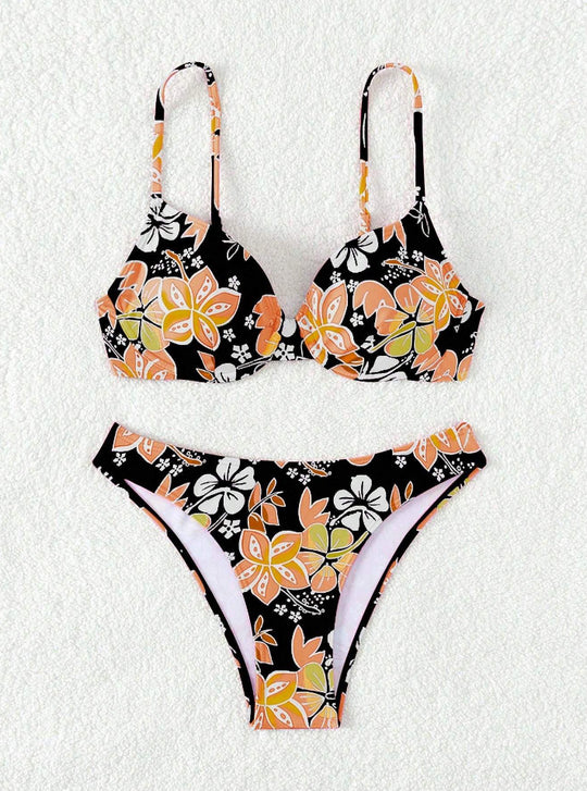 Damen gepolsterter Triangel-Bikini mit floralem Design und verstellbaren Trägern EB