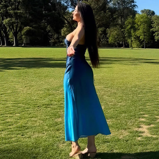 Damen lässiges Maxikleid mit elegantem Halterneck und einzigartigem Farbverlauf EB
