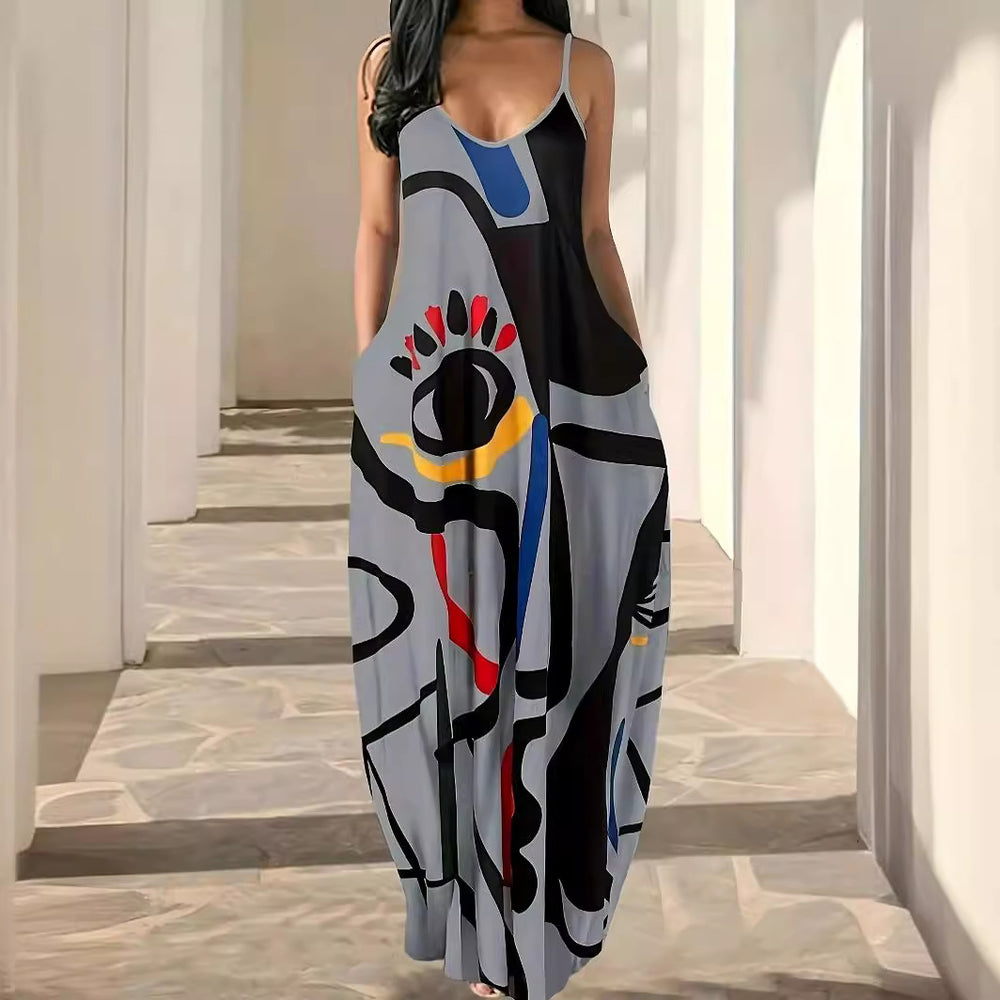 Damen Elegantes Maxikleid mit modernem abstraktem Print und fließendem Schnitt EB