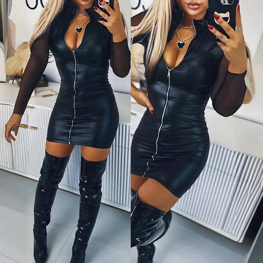 Damen Figurbetontes Kleid mit transparenten Ärmeln und Reißverschluss EB