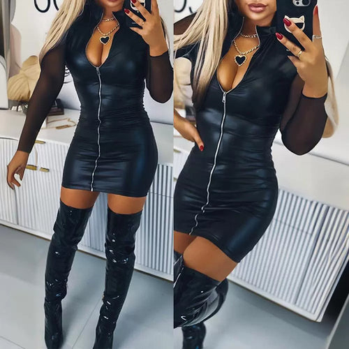 Damen Figurbetontes Kleid mit transparenten Ärmeln und Reißverschluss EB