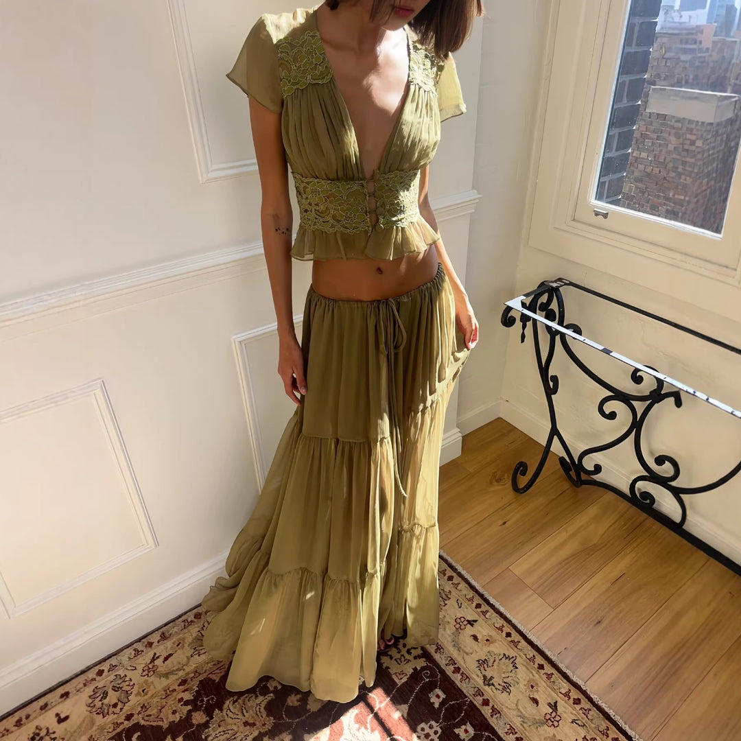 Damen Luftiges Maxikleid mit eleganten Rüschen und transparenter Optik EB