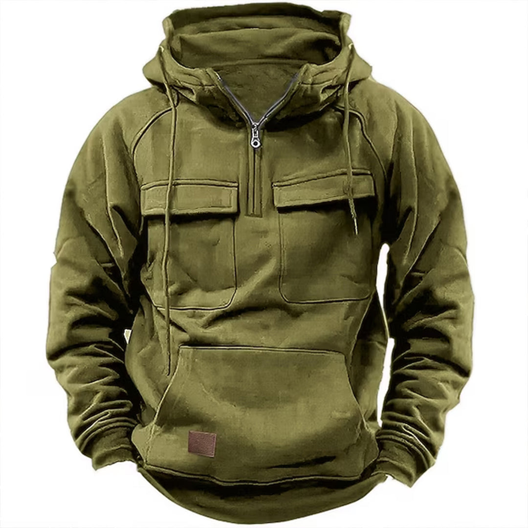Herren nan taktischer Halbzip Kapuzenpullover mit Brustklappen, Kängurutasche und verstärkten Nähten EB