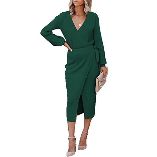 Damen Elegantes Wickelkleid mit tiefem V-Ausschnitt EB