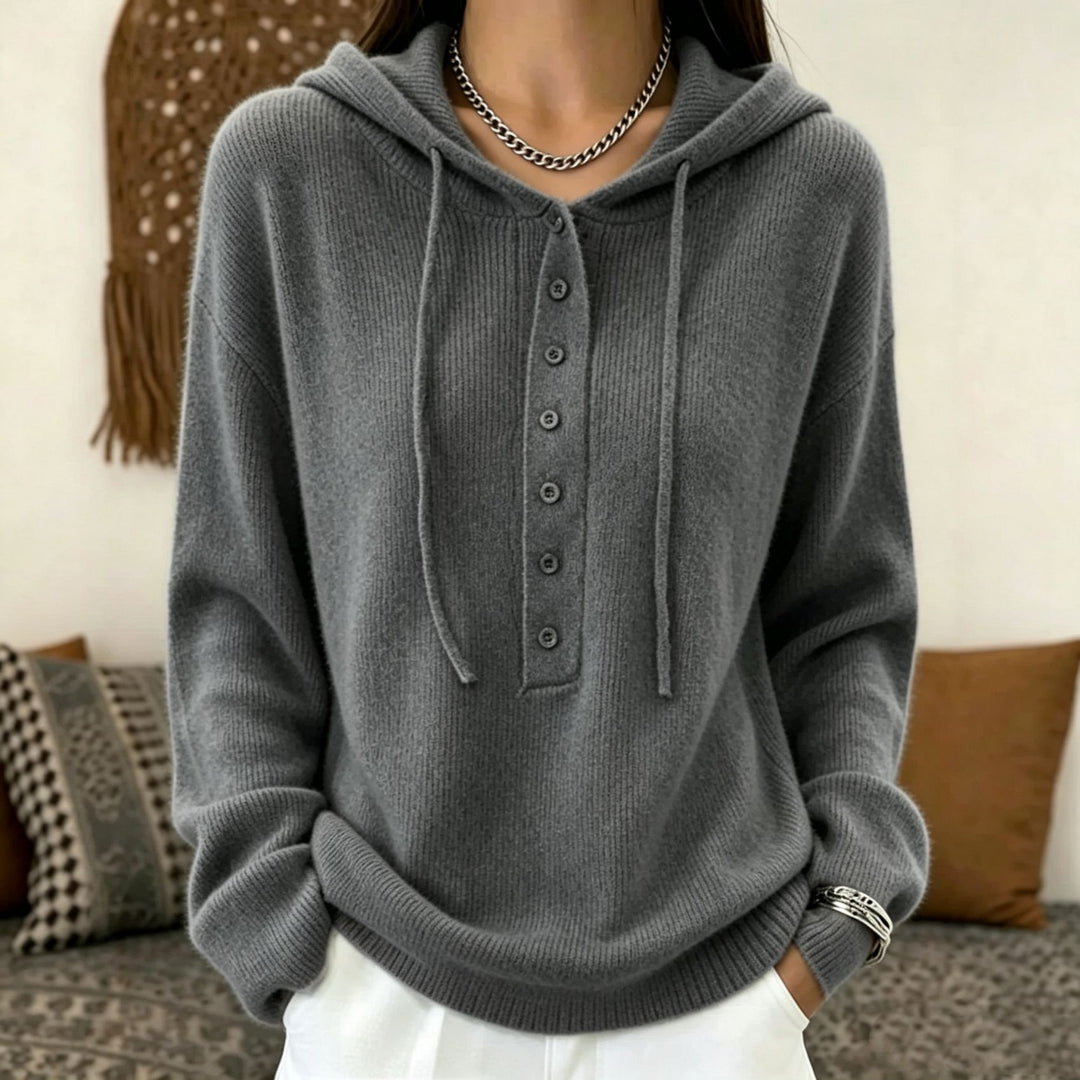 Damen Kapuzenpullover aus weichem Feinstrick mit Knopfleiste und relaxed Fit EB