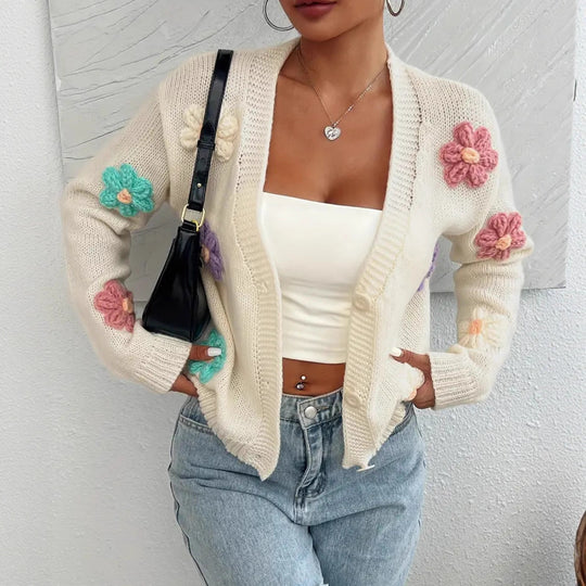 Damen Verspielter Strick-Cardigan mit handgehäkelten Blumenapplikationen EB