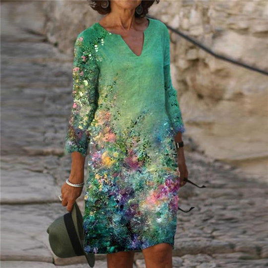 Damen Freizeitkleid mit floralem Design und V-Ausschnitt EB