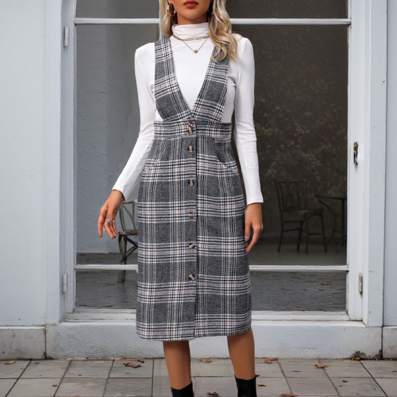 Damen Karierter Jumpsuit mit dezenter Knopfleiste und breiten Trägern EB