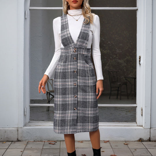 Damen Karierter Jumpsuit mit dezenter Knopfleiste und breiten Trägern EB