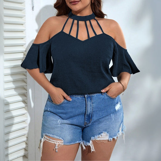 Damen Off-Shoulder Top mit Stehkragen und verspielten Rüschendetails EB