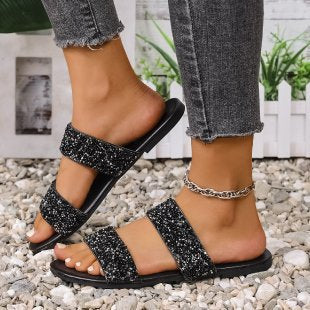 Damen komfortable Glitzer-Sandalen mit breiten Riemen EB