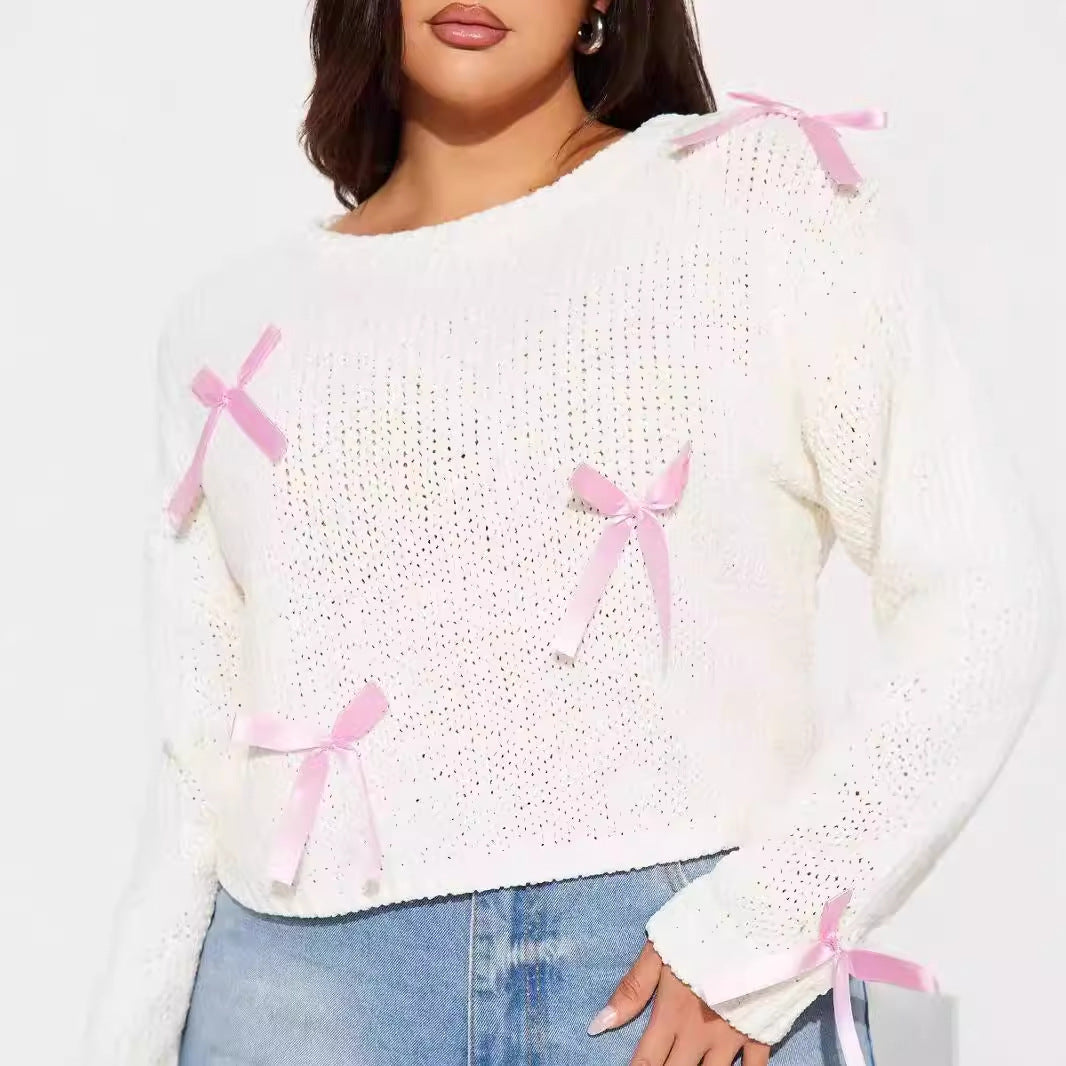Damen Süßer Strickpullover mit Schleifen-Applikationen EB