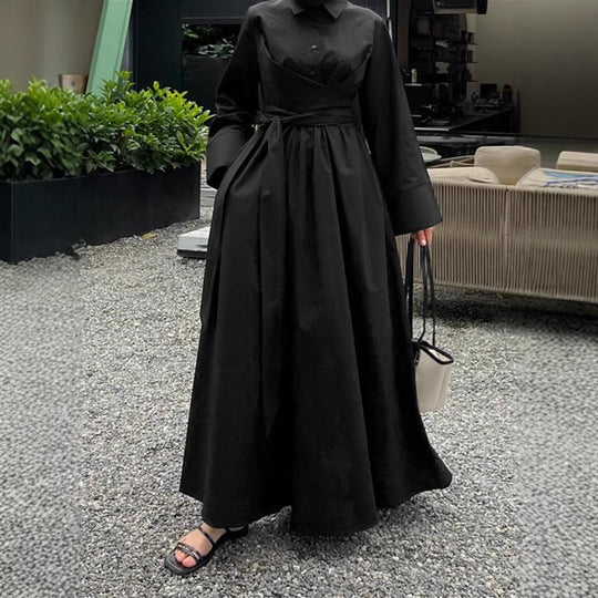 Damen Maxikleid im Hemdblusenstil mit Taillenwickel, weitem Tellerrock und breiten Manschetten EB
