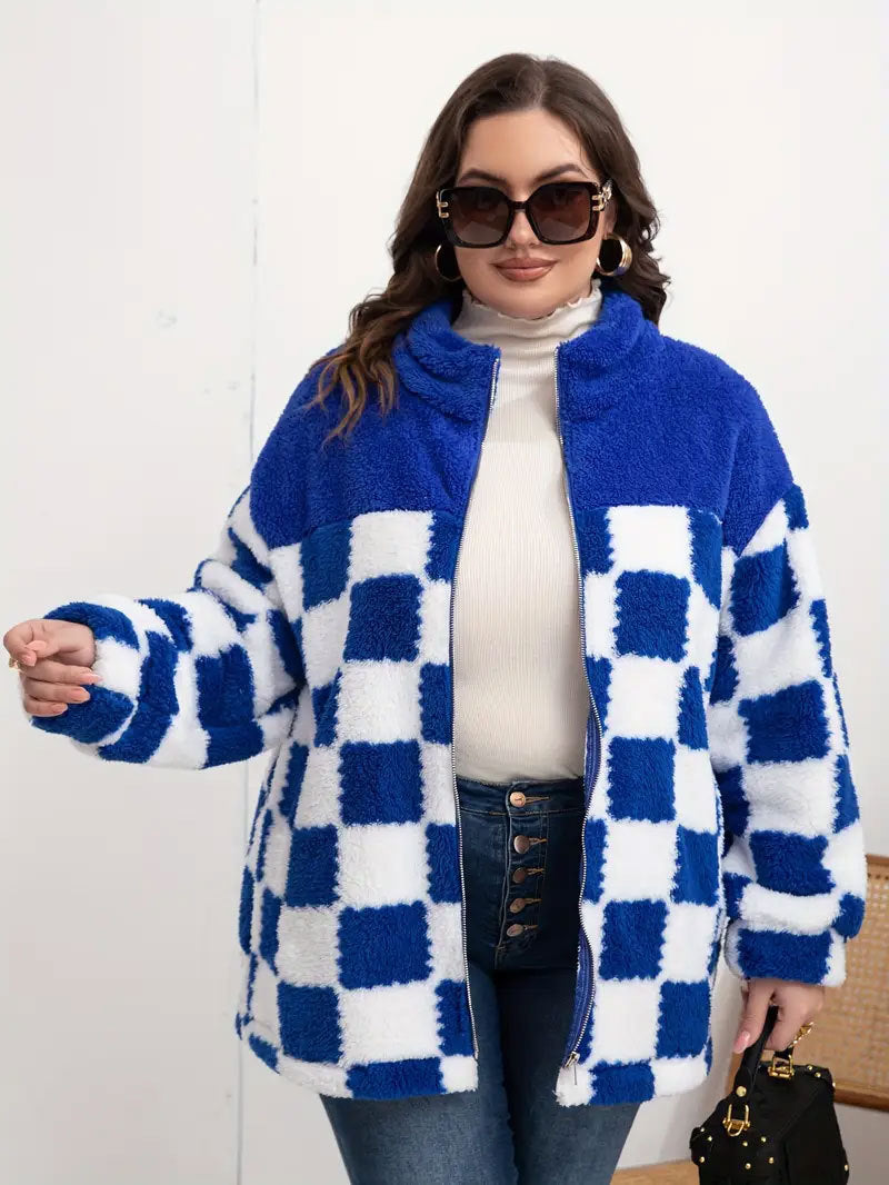 Damen Fleecejacke mit Karo-Design und hohem Kragen EB