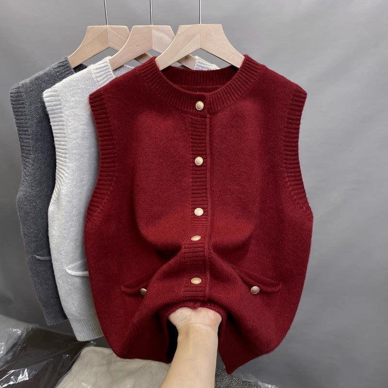 Damen Strickweste mit Knopfdetails und seitlichen Taschen EB