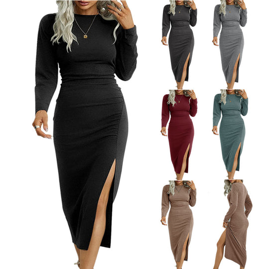 Damen Elegantes Langarm-Midikleid mit seitlichem Schlitz und gerafftem Design EB