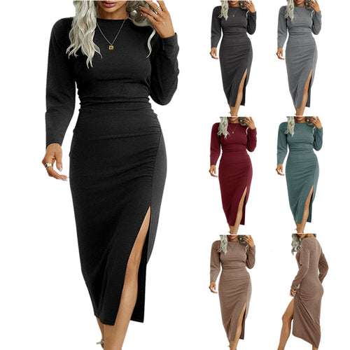 Damen Elegantes Langarm-Midikleid mit seitlichem Schlitz und gerafftem Design EB