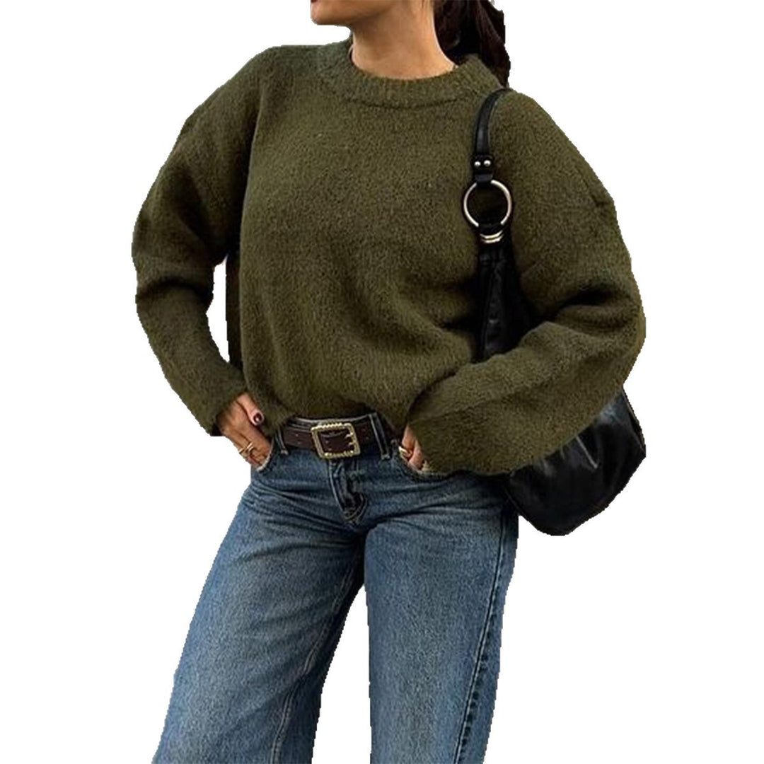 Damen nan kuscheliger Oversize-Strickpullover mit Rundhalsausschnitt und voluminösen Ballonärmeln EB