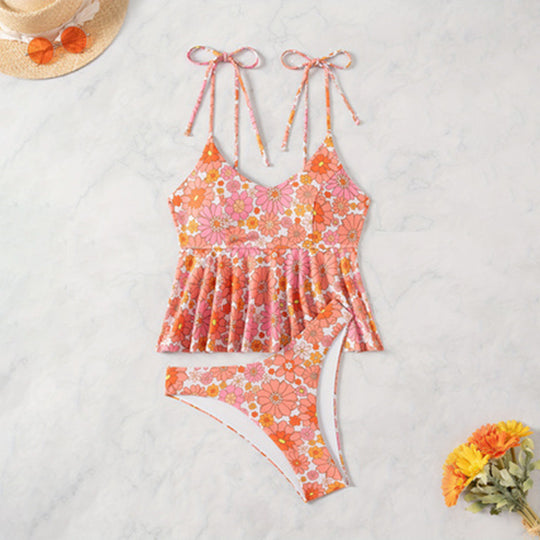 Damen Tankini mit fließendem Rüschenschnitt und floralem Design EB