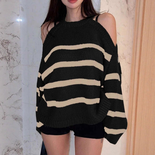 Damen Off-Shoulder Strickpullover mit breiten Streifen EB