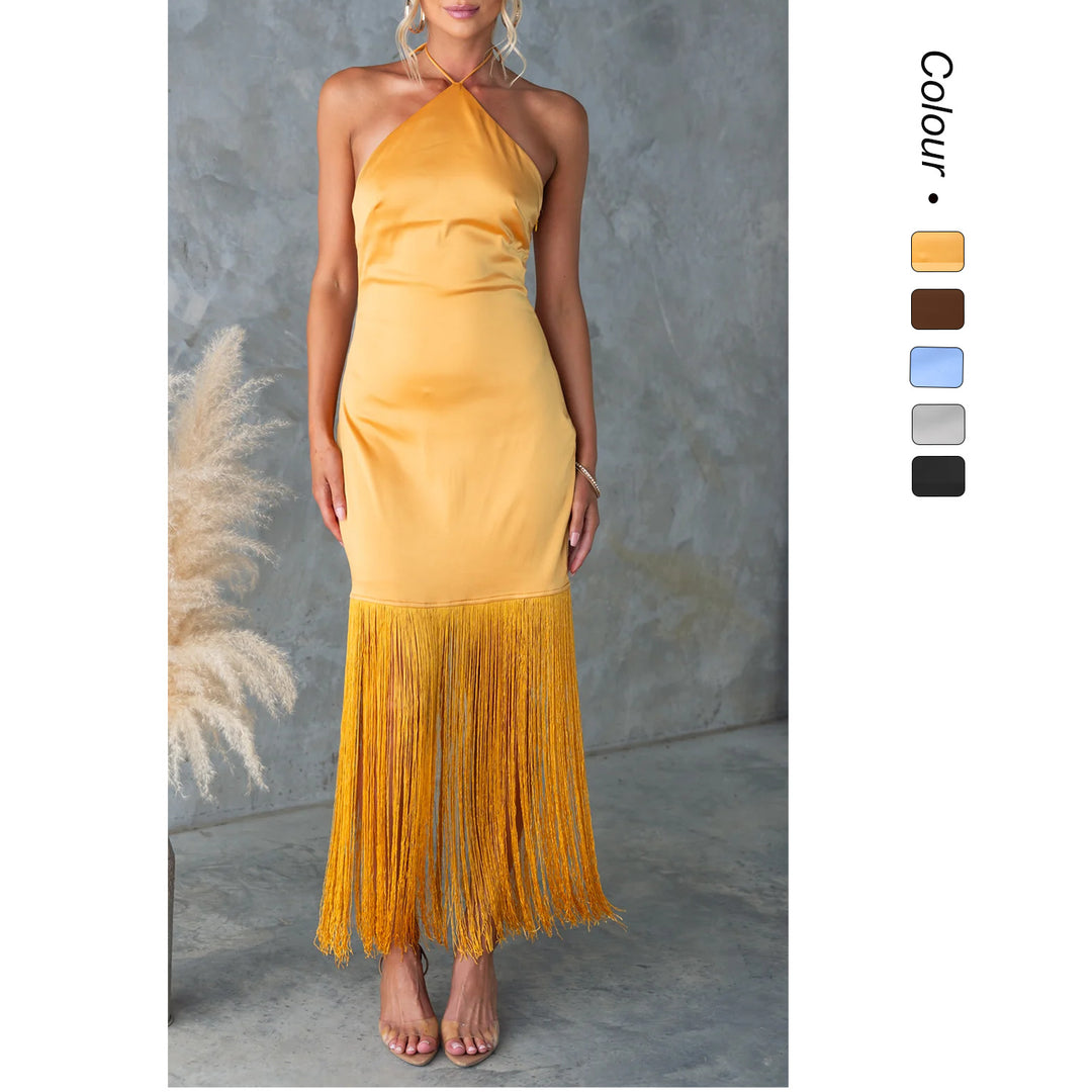 Damen Langärmeliges Fransenmaxikleid mit Rückenausschnitt und eleganter Passform EB