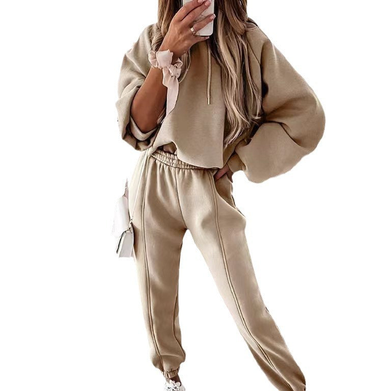Damen kuscheliges Lounge-Zweiteiler-Set mit oversized Kapuzenpullover, Balloon-Ärmeln und taillierter Jogginghose EB