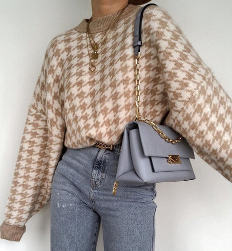 Damen Grobstrickpullover mit modernem Hahnentrittmuster und lässigem Schnitt EB