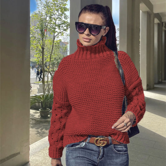 Damen kuscheliger Strickpullover mit Rollkragen und strukturierten Ärmeln EB