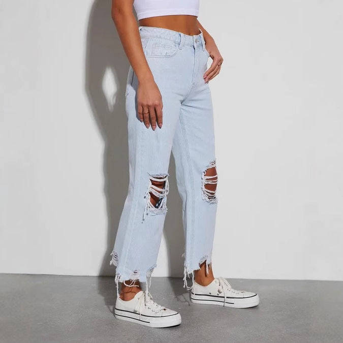 Damen Mom Jeans mit ausgefranstem Saum und Rippen-Details EB