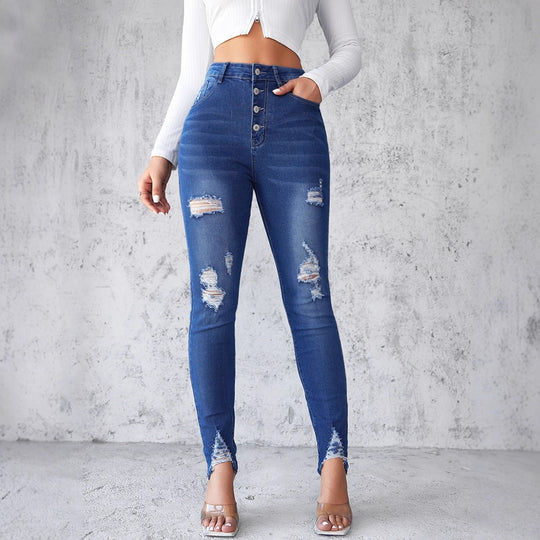 Damen Jeans im modernen Skinny Fit mit knöpfen und modischen Rissdetails EB