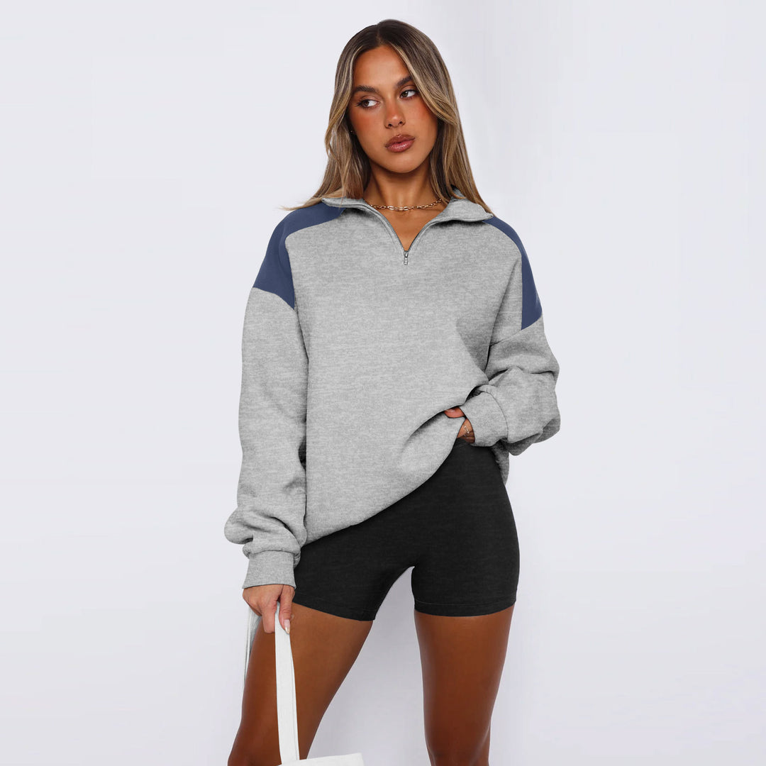 Damen lässiger Sweatshirt mit halbem Reißverschluss und kontrastierenden Ärmeln EB
