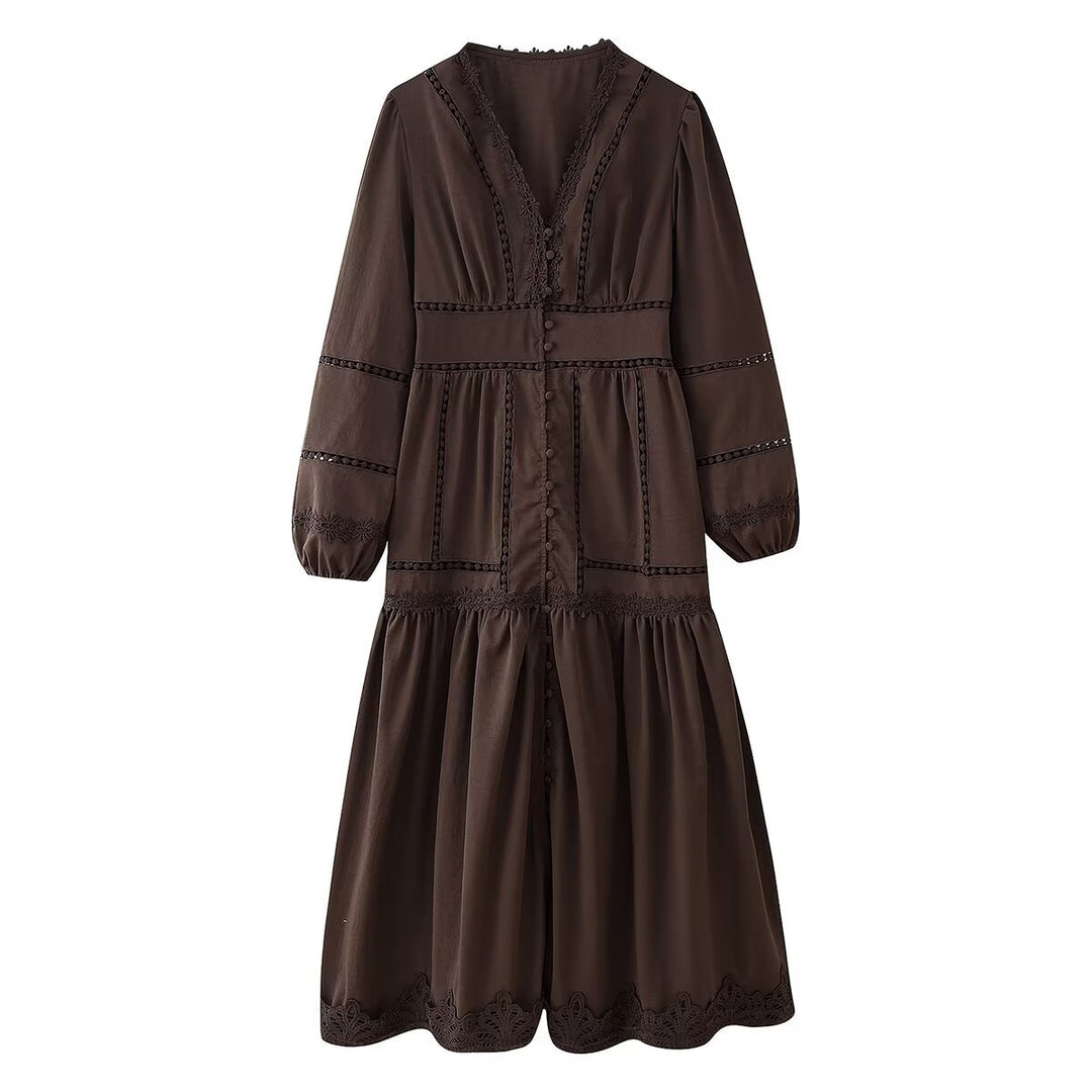 Damen Maxikleid mit eleganten Rüschendetails und femininem V-Ausschnitt EB