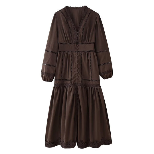 Damen Maxikleid mit eleganten Rüschendetails und femininem V-Ausschnitt EB
