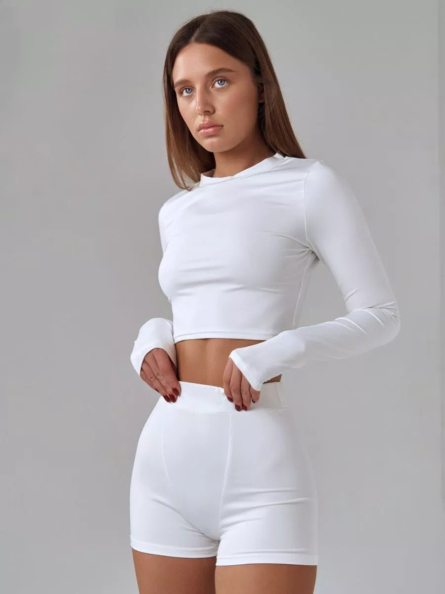 Damen sportliches Crop-Top mit langem Arm und Daumenlöchern EB