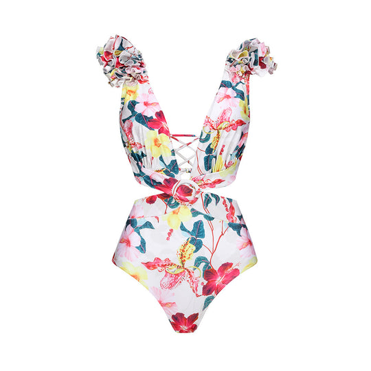 Damen eleganter Floral Badeanzug mit gewelltem Schulterdesign EB