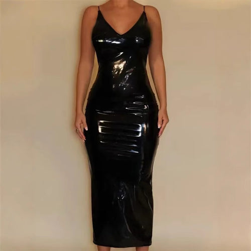 Damen Figurbetontes Lackkleid mit V-Ausschnitt und schulterfreien Trägern EB