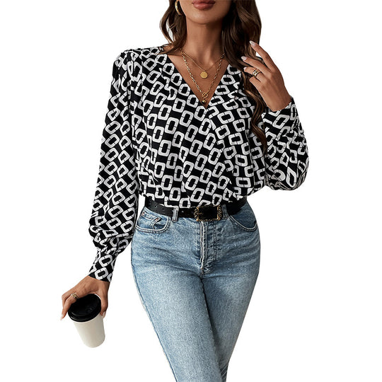 Damen Designer-Bluse mit grafischem Muster und tiefem V-Ausschnitt EB