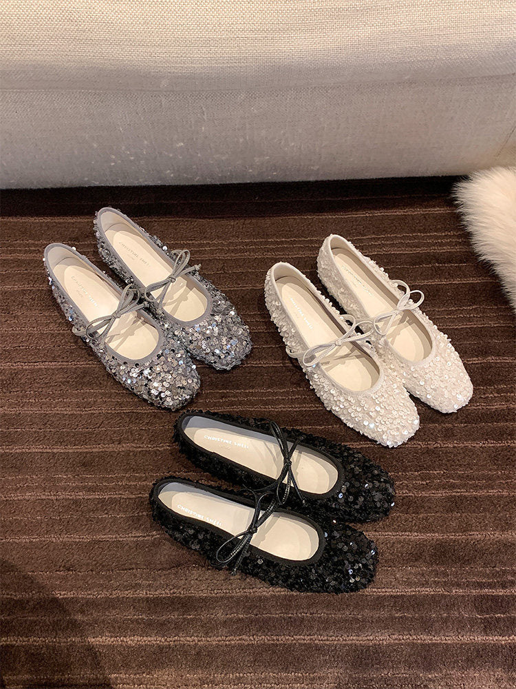 Damen Ballerinas mit glitzerndem Paillettenbesatz und weichem Riemendesign EB