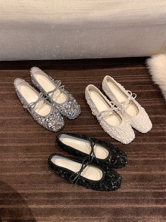 Damen Ballerinas mit glitzerndem Paillettenbesatz und weichem Riemendesign EB