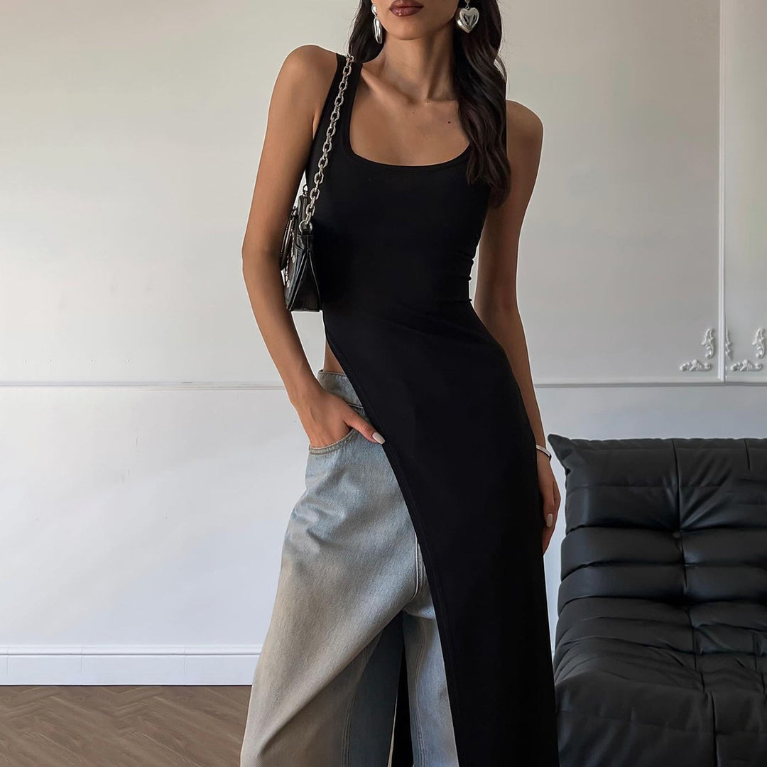 Damen Langarm Maxikleid mit hohem Schlitz EB