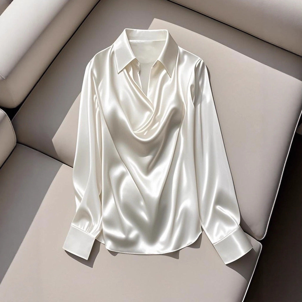 Damen Seidene Bluse mit schickem Wasserfall-Ausschnitt und lange Ärmel EB