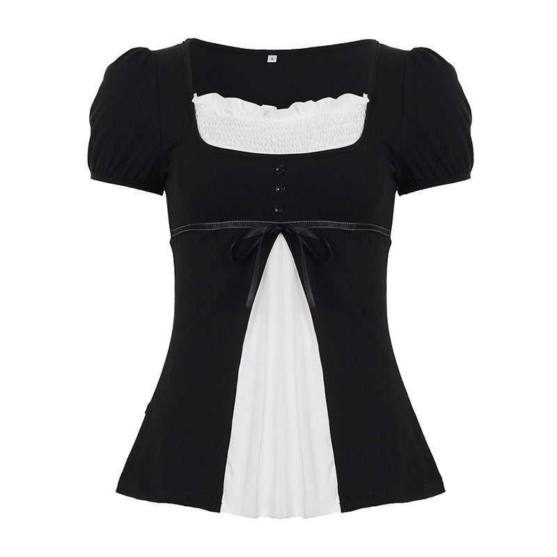 Damen Elegantes Kurzarm-Oberteil mit Plissee und Dekoband EB