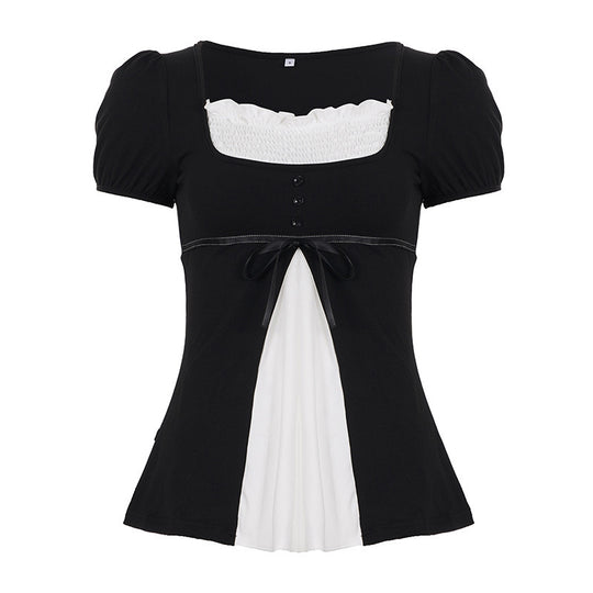 Damen Elegantes Kurzarm-Oberteil mit Plissee und Dekoband EB