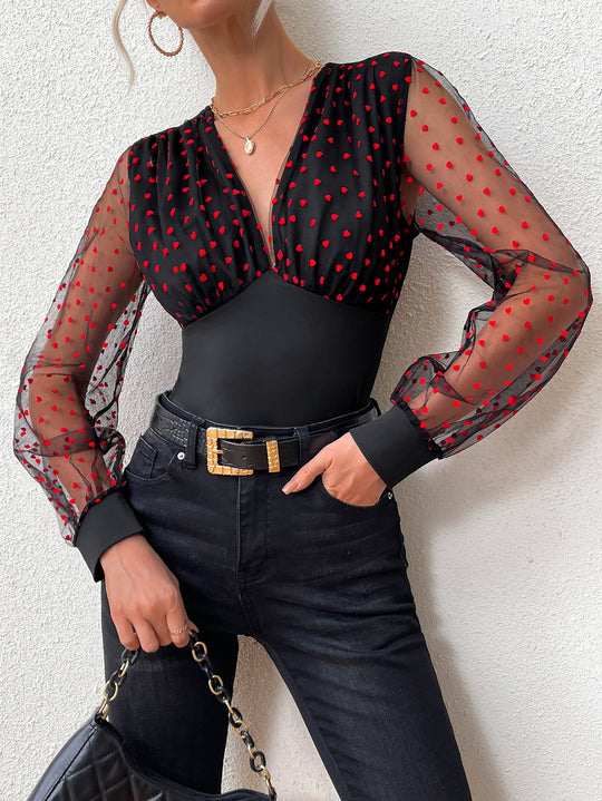 Damen Elegantes Bodysuit mit transparenten Ärmeln und Tupfen-Design EB