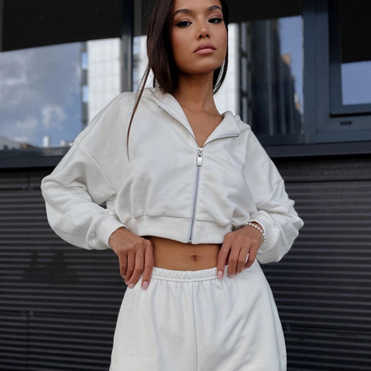 Damen Cropped-Zipper-Kapuzenjacke mit taillenhohen Fransen-Shorts Lounge-Set EB