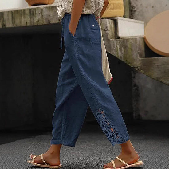 Damen luftige Leinenhose mit dekorativen Stickereien EB