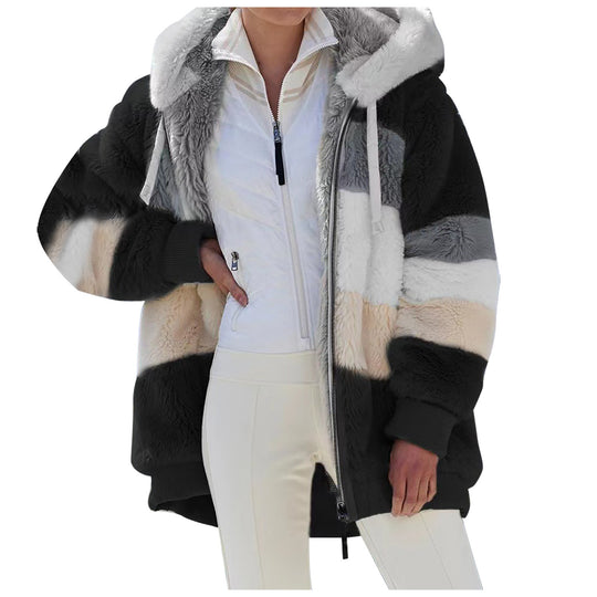 Damen nan oversized gefütterte Kunstfelljacke mit Kapuze, Blockstreifen und gerippten Bündchen EB